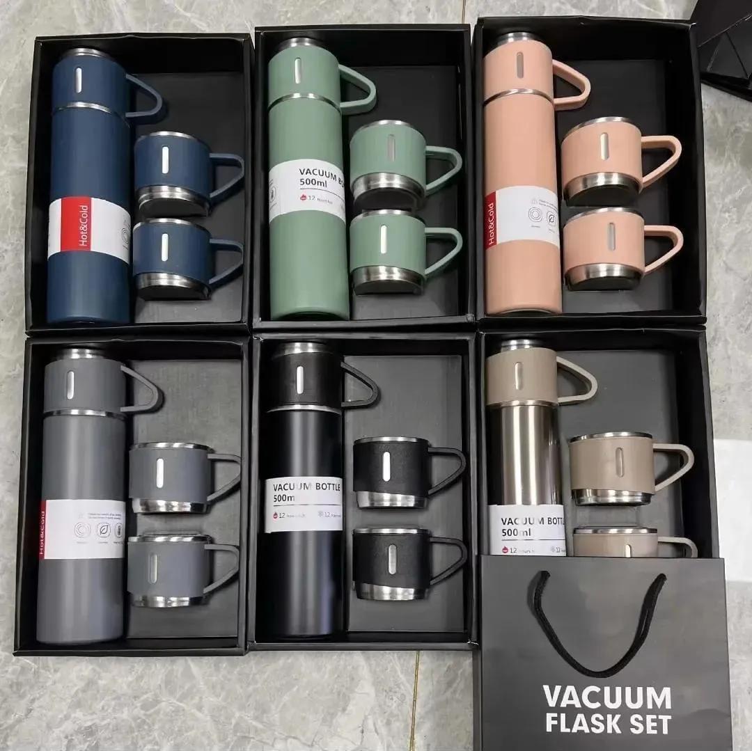 Premium Vacuum Insulated Stainless Steel Hot & Cold Thermos Flask Set with 3 Cups