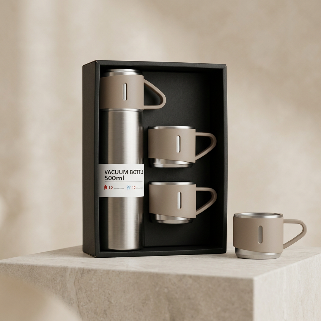 Premium Vacuum Insulated Stainless Steel Hot & Cold Thermos Flask Set with 3 Cups
